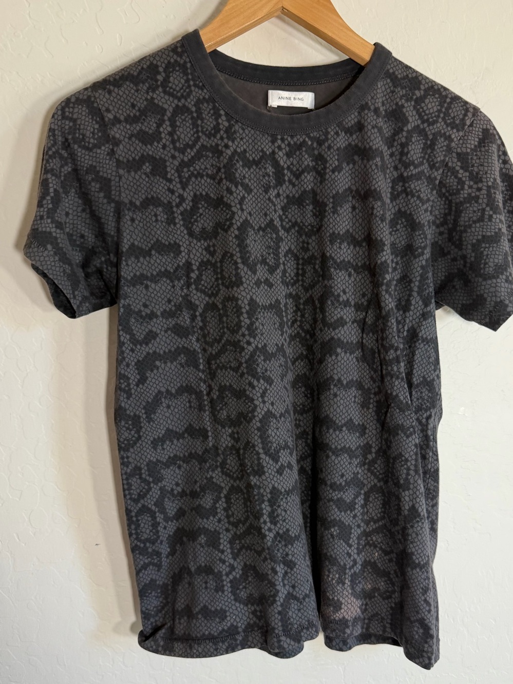 Anine Bing Lili Tee Washed Python Charcoal Grey Snake Print Heavy Distressed XS